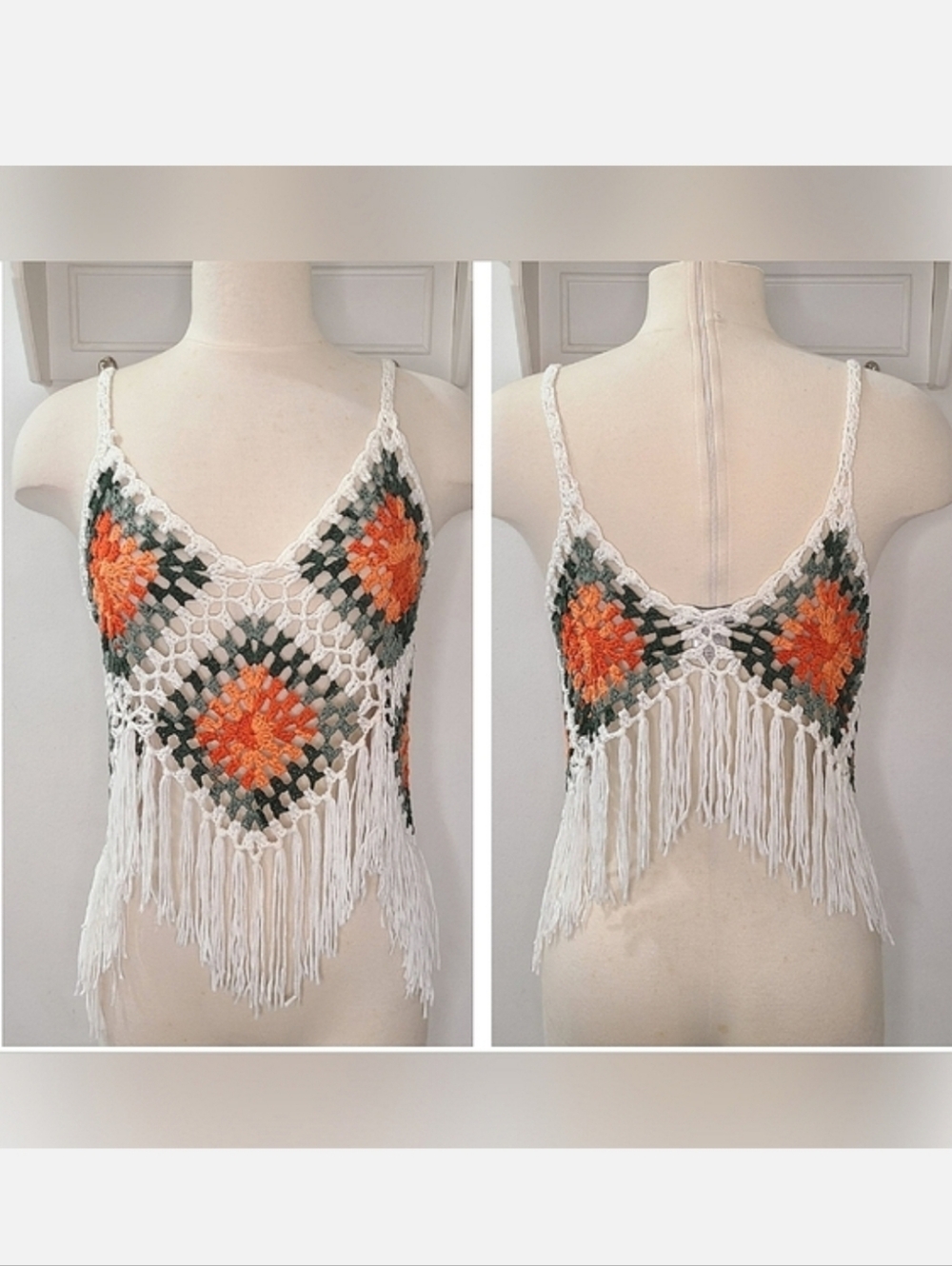 VIVID White Orange & Green Diamond Print Crochet High-Lo Fringe Tank Top Sz Jr L